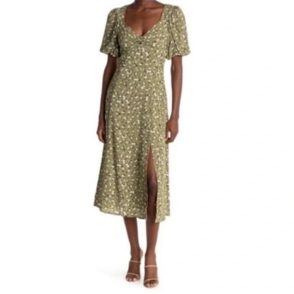 Astr Olive Green Floral Midi Dress with Side Slit